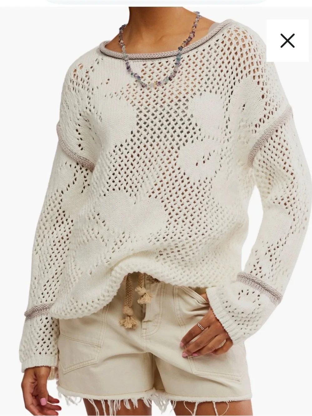 Free People Cream Open-Knit Scoop Neck Sweater with Contrast Trim